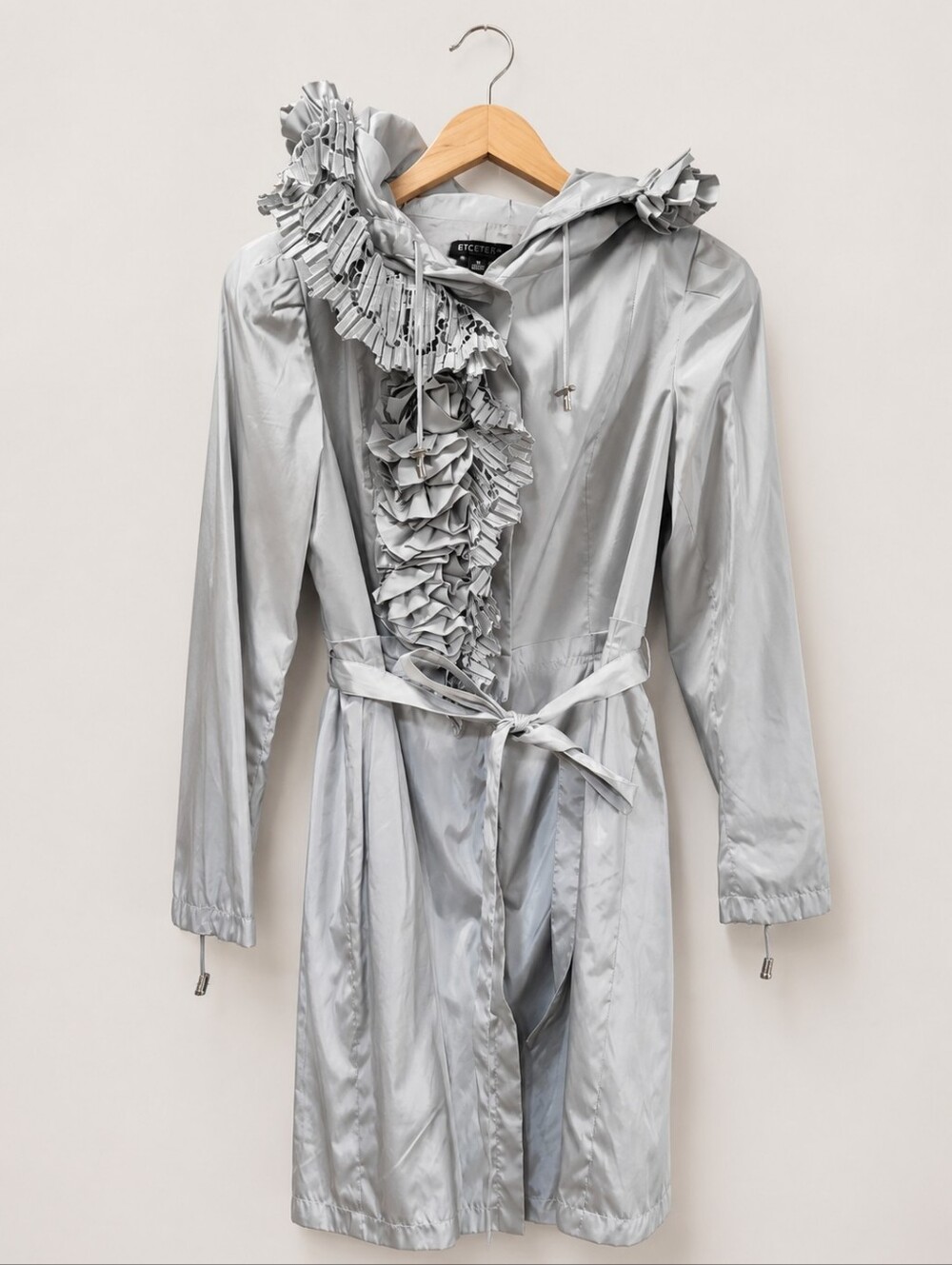 Etcetera Gray Trench Coat Lined - 8 - Gray Silver Ruffles Cascading Runway Inspo